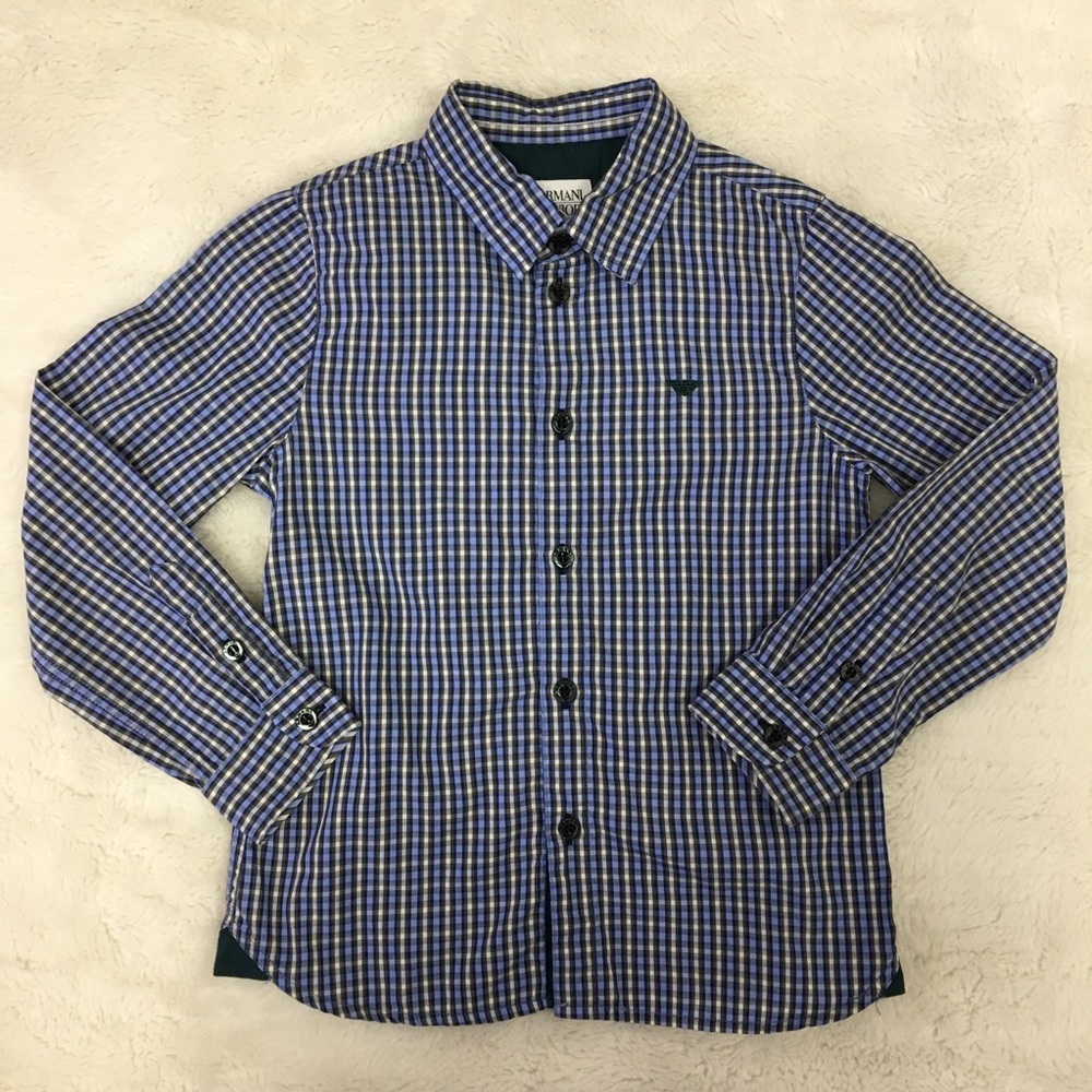 Armani Junior Plaid Button Down Shirt Size 5 Blue